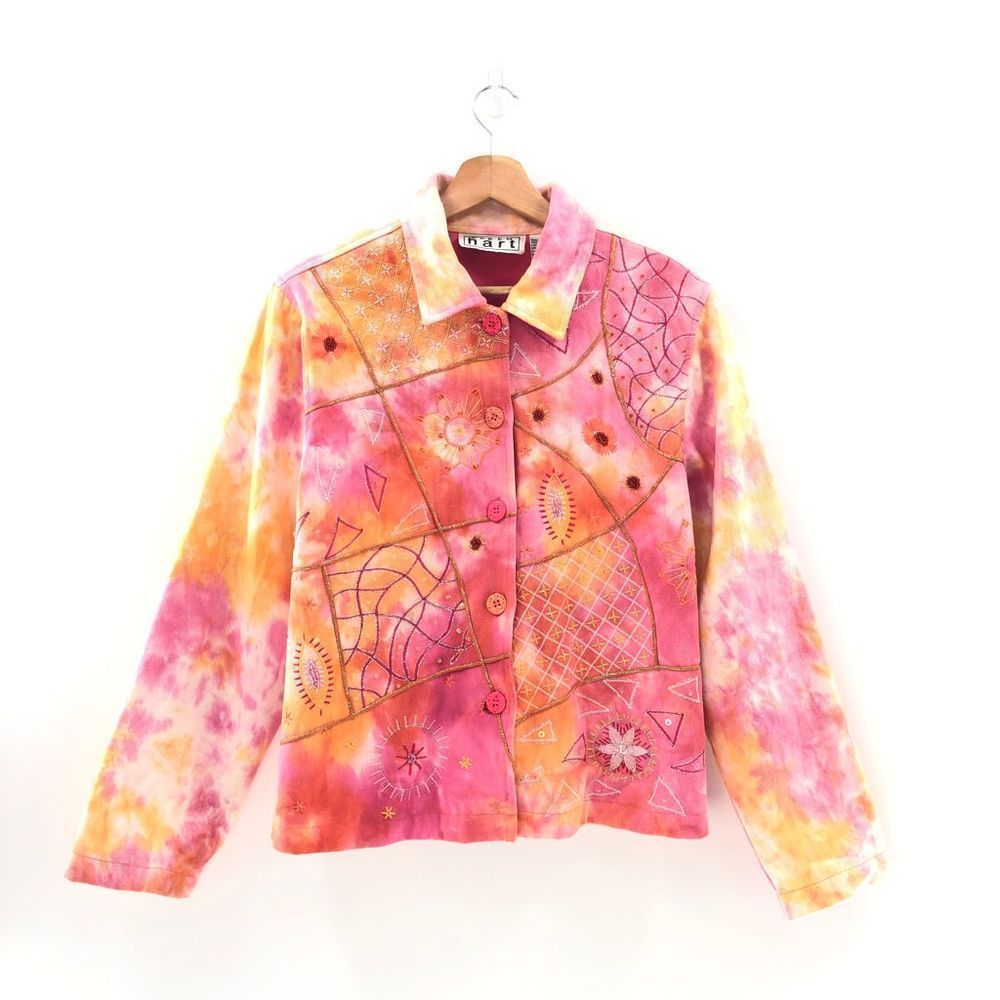 Wearable Art Pink and Orange Tie-Dye Patchwork Artist Jean Jacket